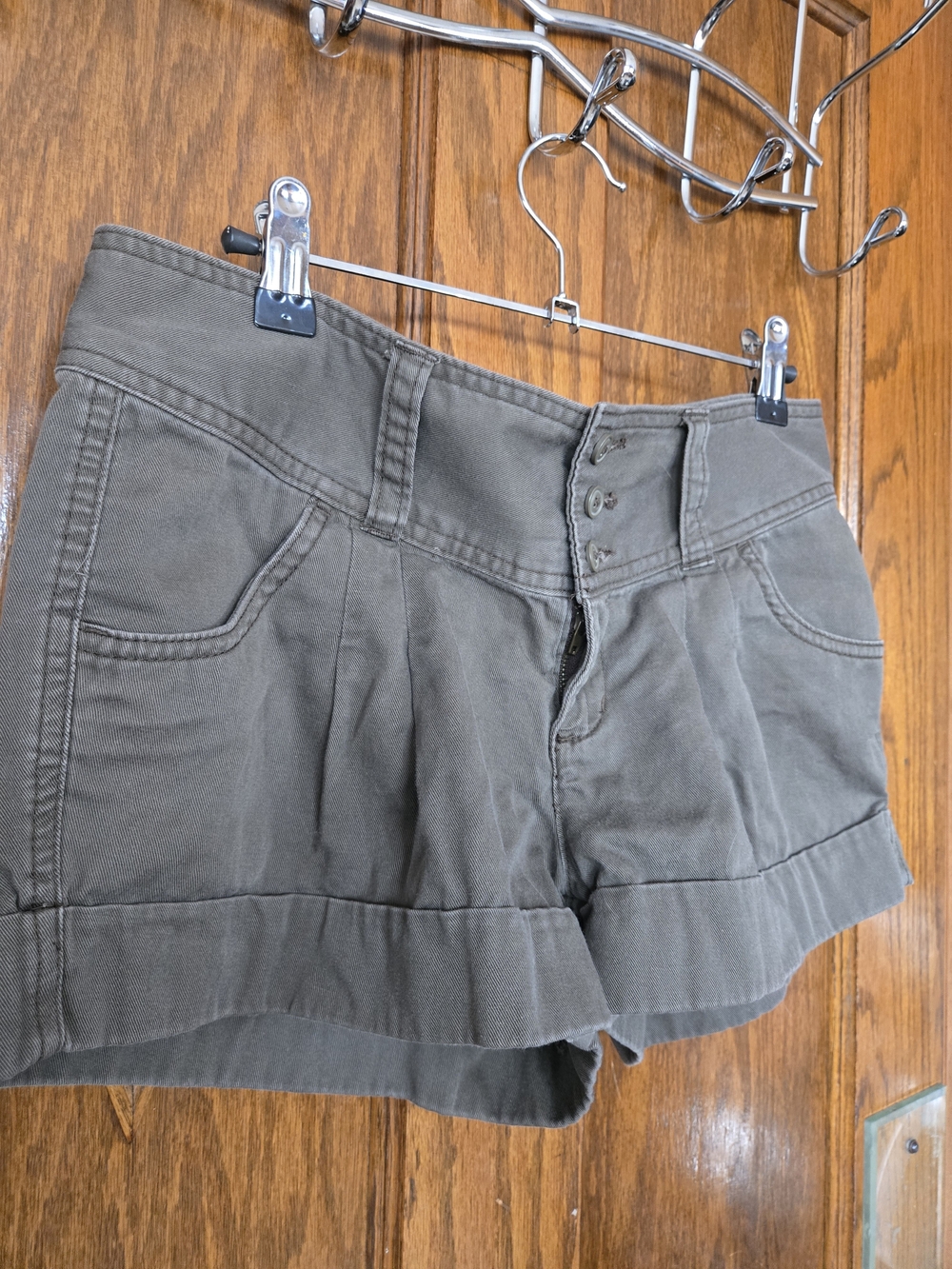Express Olive Brown Rolled Hem Button-Front Jean Shorts - Picture 3 of 7